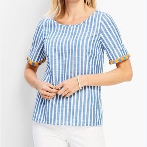 Talbots Blouse Size 2X blue White Stripe Tassel Trim Short Sleeve cotton